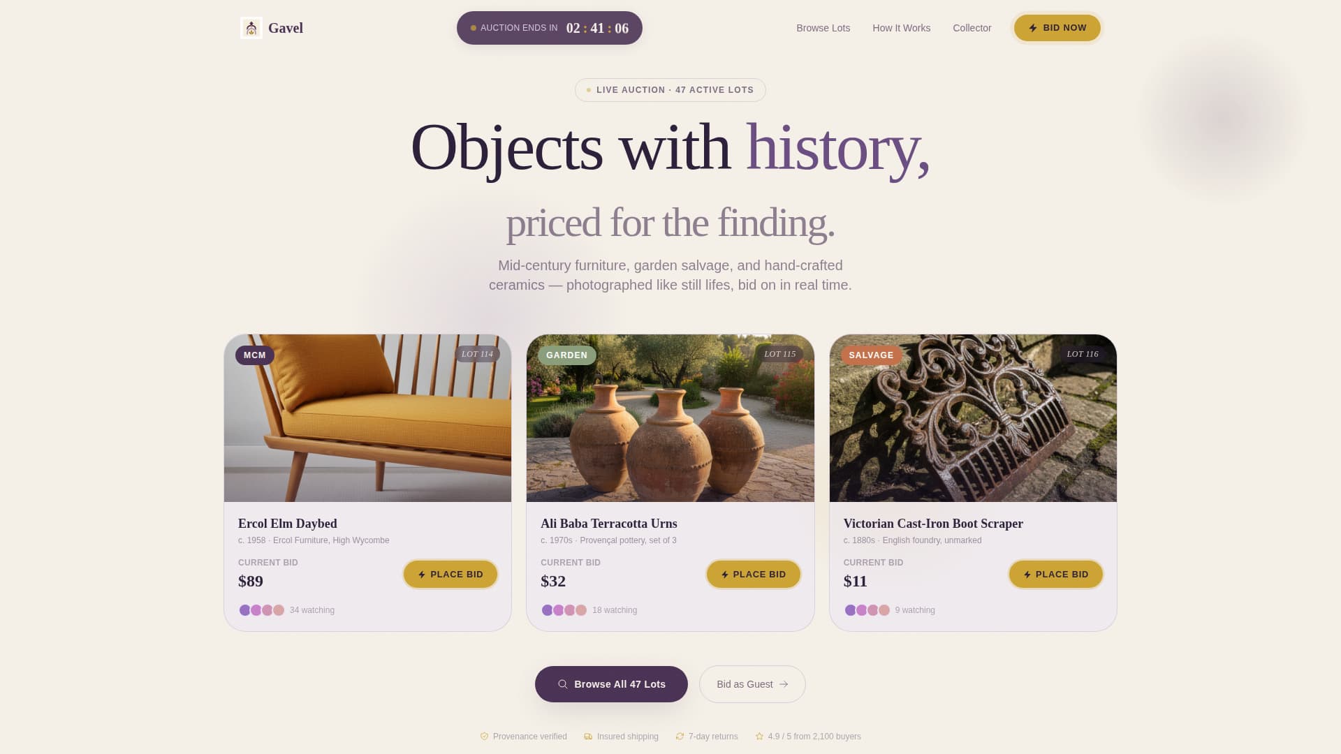 Gavel — Curated Estate Auction Landing Page Template