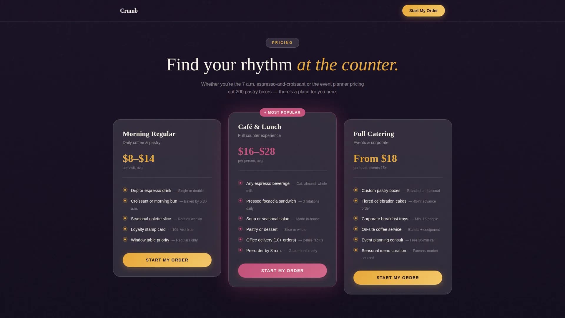 Bakery & Café Pricing & Packages Website Template