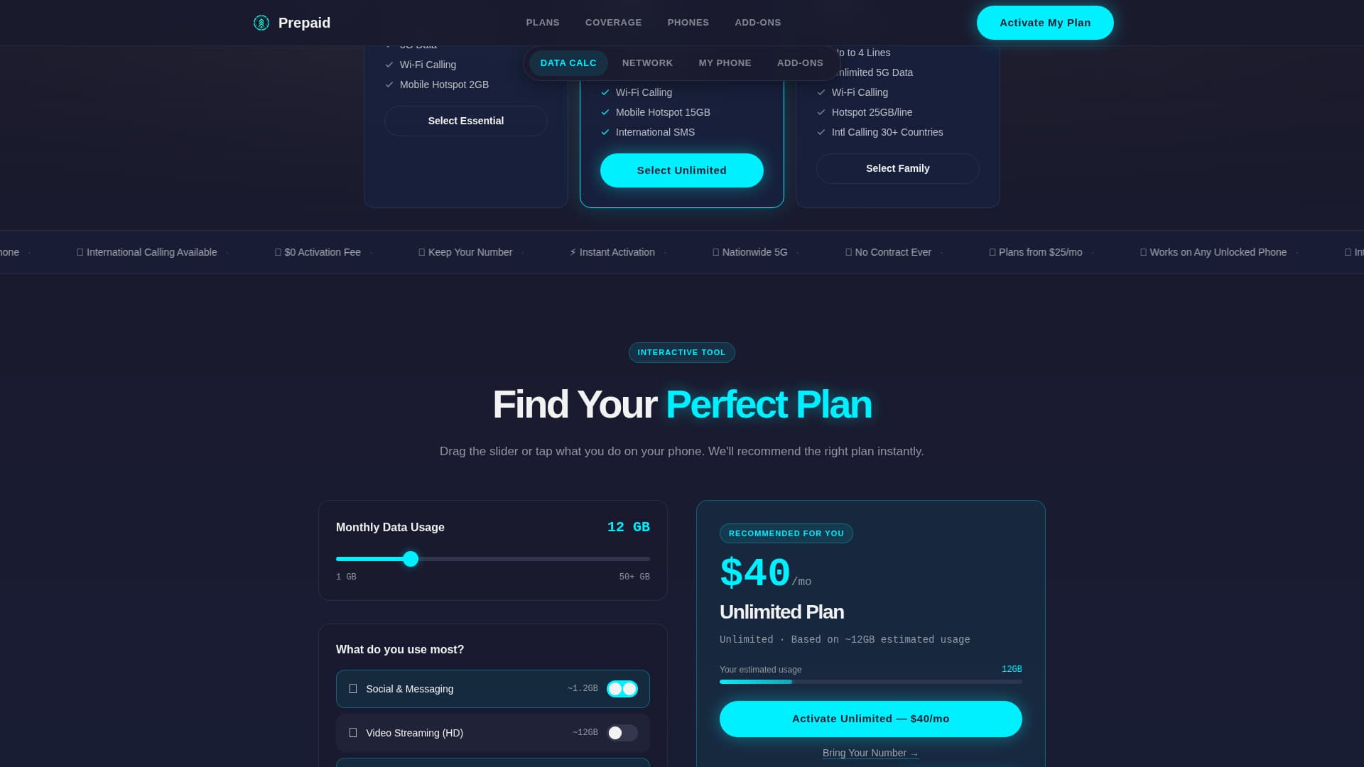 Mobile & Network Operator Cost Calculator Website Template