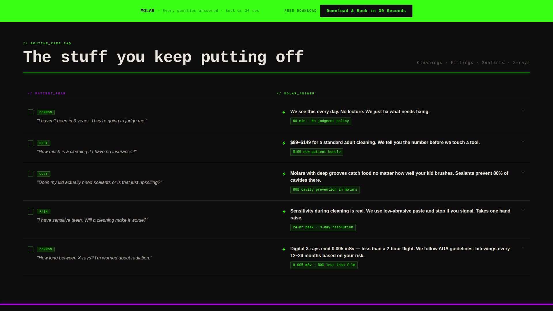 Dental FAQ & Patient Fears Landing Page Website Template